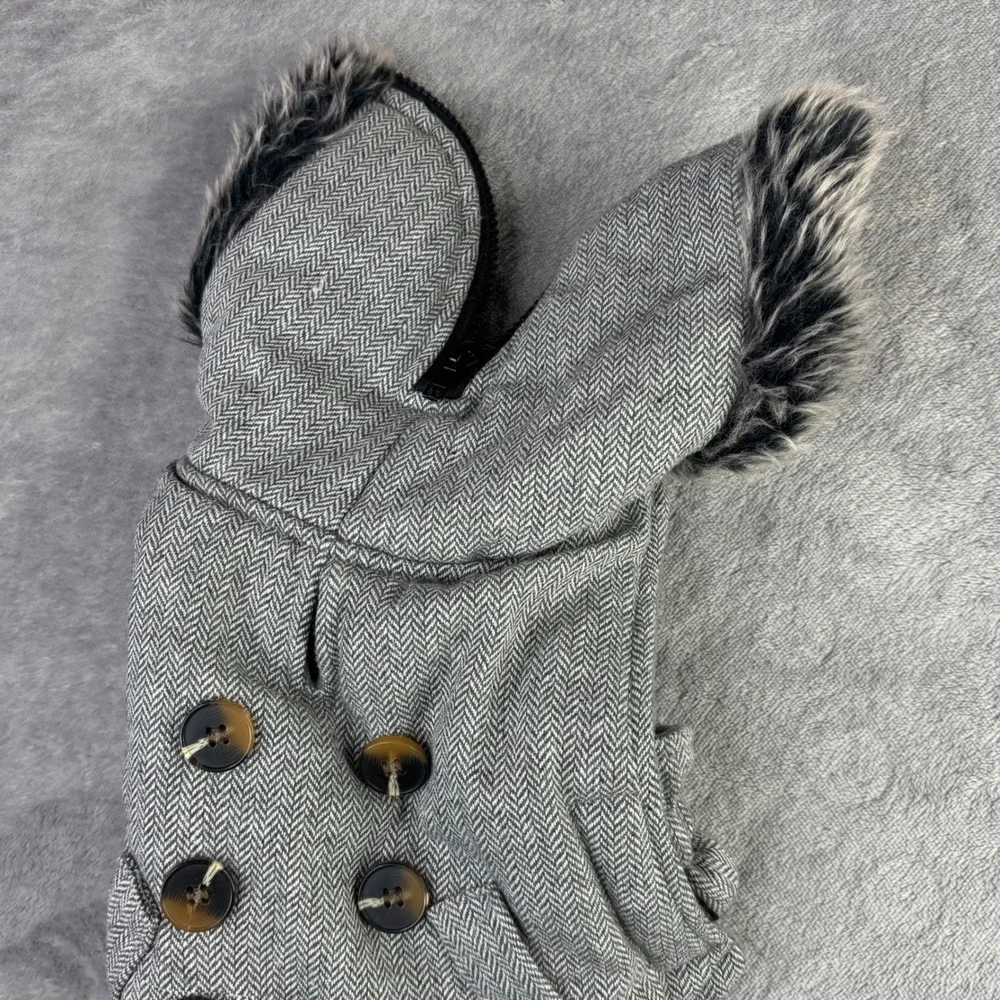 Herringbone Dog Coat Unisex‎ Small Grey Faux Fur Hooded Fleece Lined